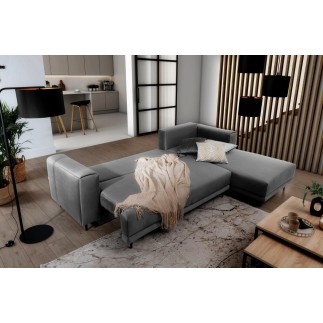 Canapé d'angle convertible en velours, avec rangement, gris foncé, angle droit, DALLAS
