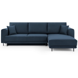 Canapé d'angle convertible en velours, avec rangement, bleu foncé, angle droit, DALLAS