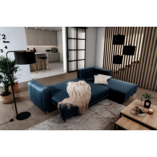 Canapé d'angle convertible en velours, avec rangement, bleu foncé, angle droit, DALLAS