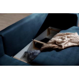 Canapé d'angle convertible en velours, avec rangement, bleu foncé, angle droit, DALLAS