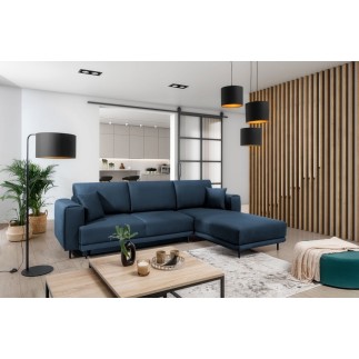 Canapé d'angle convertible en velours, avec rangement, bleu foncé, angle droit, DALLAS