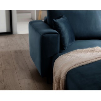 Canapé d'angle convertible en velours, avec rangement, bleu foncé, angle droit, DALLAS