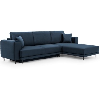 Canapé d'angle convertible en velours, avec rangement, bleu foncé, angle droit, DALLAS