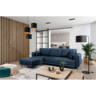Canapé d'angle convertible en velours, avec rangement, bleu foncé, angle gauche, DALLAS