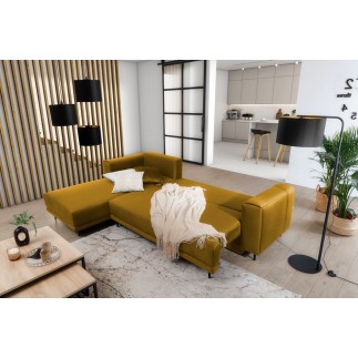 Canapé d'angle convertible en velours, avec rangement, BRONZE, angle gauche, DALLAS
