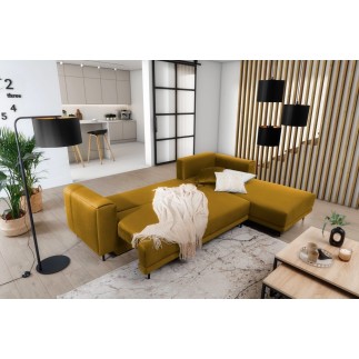 Canapé d'angle convertible en velours, avec rangement, BRONZE, angle droit, DALLAS