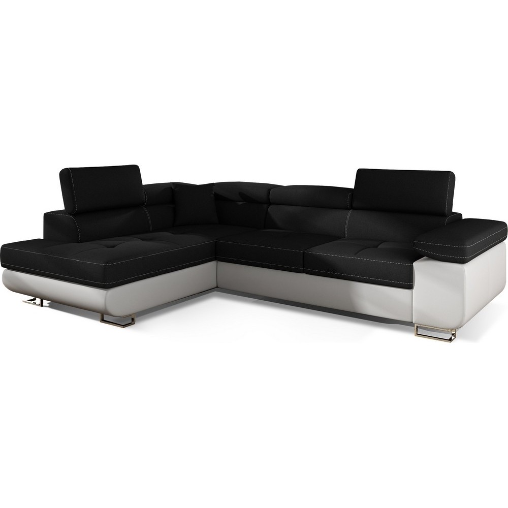 Canapé d'angle convertible en tissu luxe et simili cuir 5 places, coffre, noir / blanc, angle gauche (vu de face), ANNECY MIX