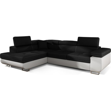 Canapé d'angle convertible en tissu luxe et simili cuir 5 places, coffre, noir / blanc, angle gauche (vu de face), ANNECY MIX