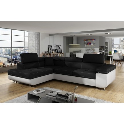 Canapé d'angle convertible en tissu luxe et simili cuir 5 places, coffre, noir / blanc, angle gauche (vu de face), ANNECY MIX