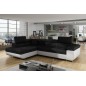 Canapé d'angle convertible en tissu luxe et simili cuir 5 places, coffre, noir / blanc, angle gauche (vu de face), ANNECY MIX