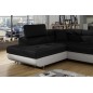 Canapé d'angle convertible en tissu luxe et simili cuir 5 places, coffre, noir / blanc, angle gauche (vu de face), ANNECY MIX
