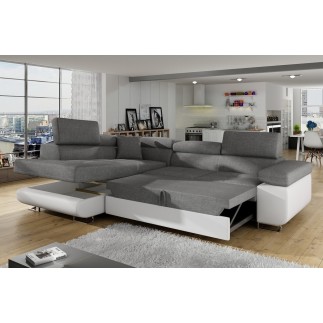 Canapé d'angle convertible en tissu luxe et simili cuir 5 places, coffre, noir / blanc, angle gauche (vu de face), ANNECY MIX