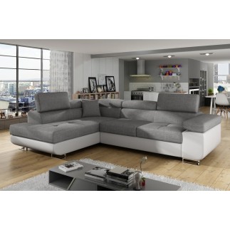 - Canapé d'angle convertible en tissu luxe et simili cuir 5 places, coffre, gris / blanc cassé, angle gauche (vu de face), ANNEC