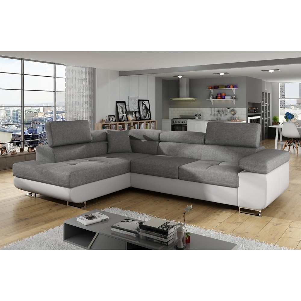 - Canapé d'angle convertible en tissu luxe et simili cuir 5 places, coffre, gris / blanc cassé, angle gauche (vu de face), ANNEC