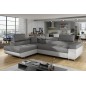 - Canapé d'angle convertible en tissu luxe et simili cuir 5 places, coffre, gris / blanc cassé, angle gauche (vu de face), ANNEC