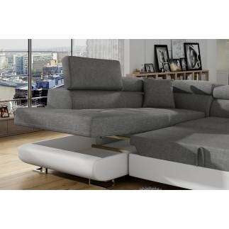 - Canapé d'angle convertible en tissu luxe et simili cuir 5 places, coffre, gris / blanc cassé, angle gauche (vu de face), ANNEC
