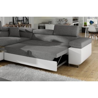 - Canapé d'angle convertible en tissu luxe et simili cuir 5 places, coffre, gris / blanc cassé, angle gauche (vu de face), ANNEC