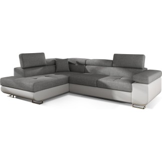 - Canapé d'angle convertible en tissu luxe et simili cuir 5 places, coffre, gris / blanc cassé, angle gauche (vu de face), ANNEC