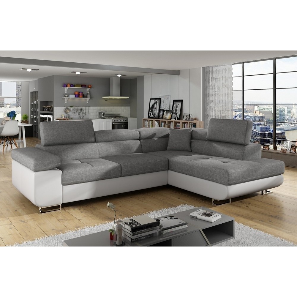 Canapé d'angle convertible en tissu luxe et simili cuir 5 places, coffre, gris / blanc cassé, angle droit (vu de face), ANNECY M