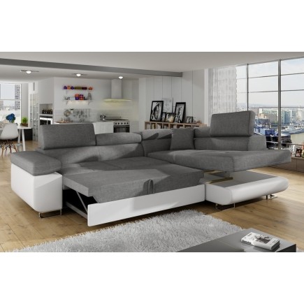 Canapé d'angle convertible en tissu luxe et simili cuir 5 places, coffre, gris / blanc cassé, angle droit (vu de face), ANNECY M