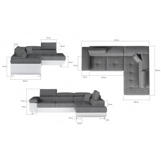 Canapé d'angle convertible en tissu luxe et simili cuir 5 places, coffre, gris / blanc cassé, angle droit (vu de face), ANNECY M