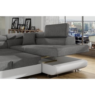 Canapé d'angle convertible en tissu luxe et simili cuir 5 places, coffre, gris / blanc cassé, angle droit (vu de face), ANNECY M