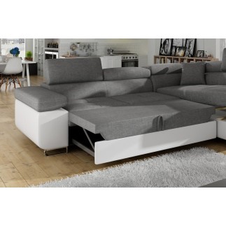 Canapé d'angle convertible en tissu luxe et simili cuir 5 places, coffre, gris / blanc cassé, angle droit (vu de face), ANNECY M