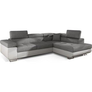 Canapé d'angle convertible en tissu luxe et simili cuir 5 places, coffre, gris / blanc cassé, angle droit (vu de face), ANNECY M