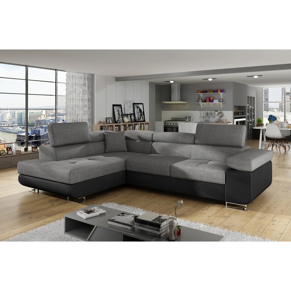 Canapé d'angle convertible en tissu luxe et simili cuir 5 places, coffre, gris / noir, angle gauche (vu de face), ANNECY MIX