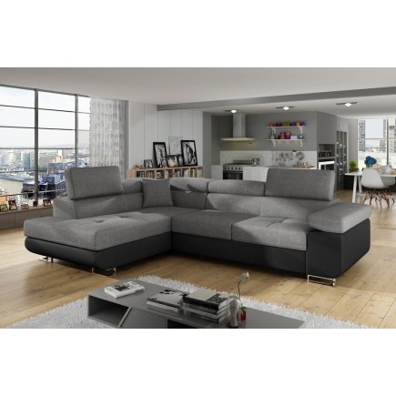 Canapé d'angle convertible en tissu luxe et simili cuir 5 places, coffre, gris / noir, angle gauche (vu de face), ANNECY MIX