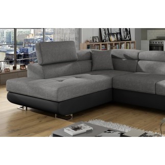 Canapé d'angle convertible en tissu luxe et simili cuir 5 places, coffre, gris / noir, angle gauche (vu de face), ANNECY MIX