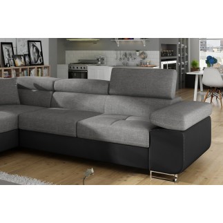 Canapé d'angle convertible en tissu luxe et simili cuir 5 places, coffre, gris / noir, angle gauche (vu de face), ANNECY MIX