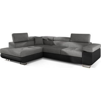 Canapé d'angle convertible en tissu luxe et simili cuir 5 places, coffre, gris / noir, angle gauche (vu de face), ANNECY MIX