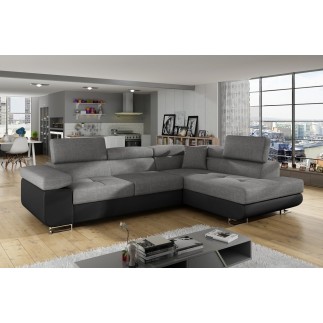 Canapé d'angle convertible en tissu luxe et simili cuir 5 places, coffre, gris / noir, angle droit (vu de face), ANNECY MIX