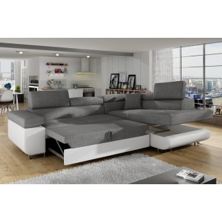Canapé d'angle convertible en tissu luxe et simili cuir 5 places, coffre, gris / noir, angle droit (vu de face), ANNECY MIX