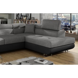 Canapé d'angle convertible en tissu luxe et simili cuir 5 places, coffre, gris / noir, angle droit (vu de face), ANNECY MIX