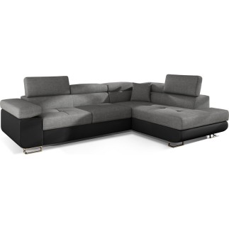 Canapé d'angle convertible en tissu luxe et simili cuir 5 places, coffre, gris / noir, angle droit (vu de face), ANNECY MIX
