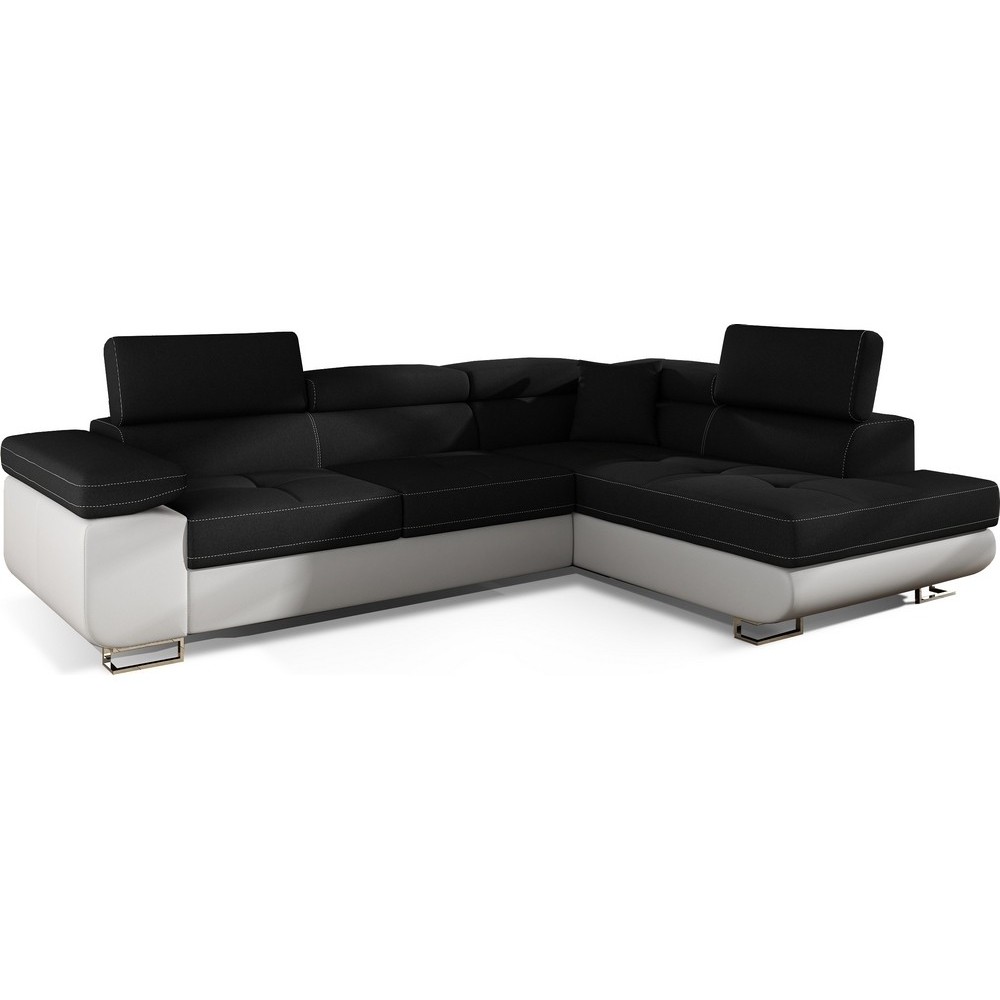 Canapé d'angle convertible en tissu luxe et simili cuir 5 places, coffre, noir / blanc, angle droit (vu de face), ANNECY MIX