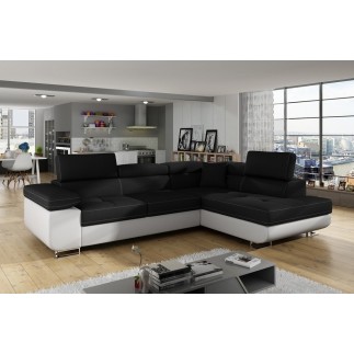 Canapé d'angle convertible en tissu luxe et simili cuir 5 places, coffre, noir / blanc, angle droit (vu de face), ANNECY MIX