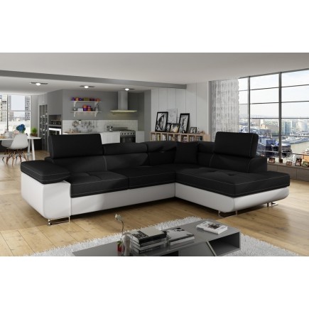 Canapé d'angle convertible en tissu luxe et simili cuir 5 places, coffre, noir / blanc, angle droit (vu de face), ANNECY MIX