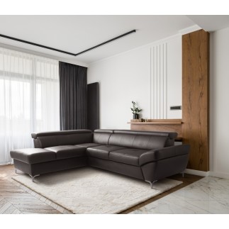 Canapé d'angle convertible en cuir italien luxe 5 places, MEMEZO, coffre, CHOCOLAT, angle gauche