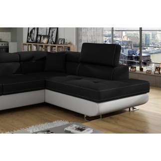 Canapé d'angle convertible en tissu luxe et simili cuir 5 places, coffre, noir / blanc, angle droit (vu de face), ANNECY MIX