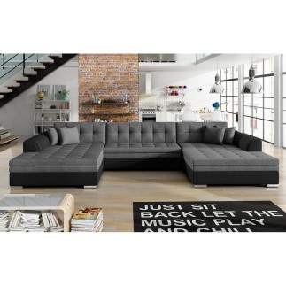 Canapé panoramique convertible en tissu gris et simili noir de qualité, réversible (gauche et droit) - VENTURA Mix