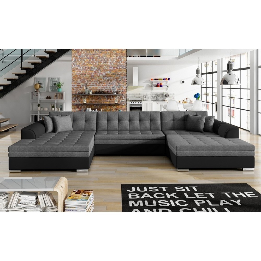 Canapé panoramique convertible en tissu gris et simili noir de qualité, réversible (gauche et droit) - VENTURA Mix, 7 places