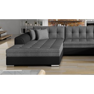 Canapé panoramique convertible en tissu gris et simili noir de qualité, réversible (gauche et droit) - VENTURA Mix, 7 places