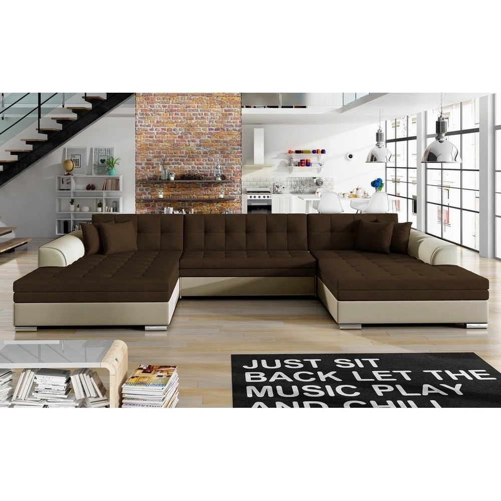 Canapé panoramique convertible en tissu chocolat et simili beige, de qualité, réversible (gauche et droit) - VENTURA Mix, 7 plac