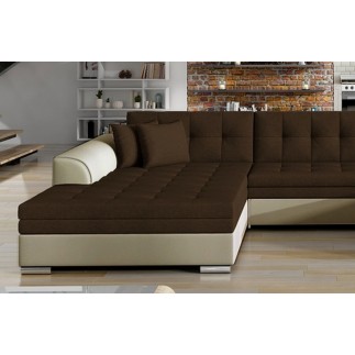 Canapé panoramique convertible en tissu chocolat et simili beige, de qualité, réversible (gauche et droit) - VENTURA Mix