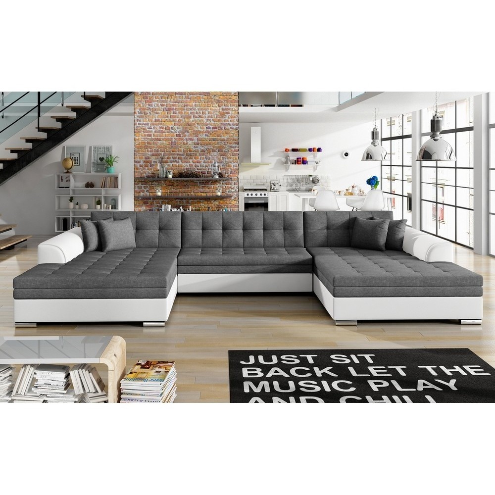 Canapé panoramique convertible en tissu gris et simili blanc cassé de qualité, réversible (gauche et droit) - VENTURA Mix, 7 pla