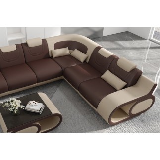 Canapé d'angle en cuir italien 7 places LUXEMBOURG, chocolat et beige, angle droit