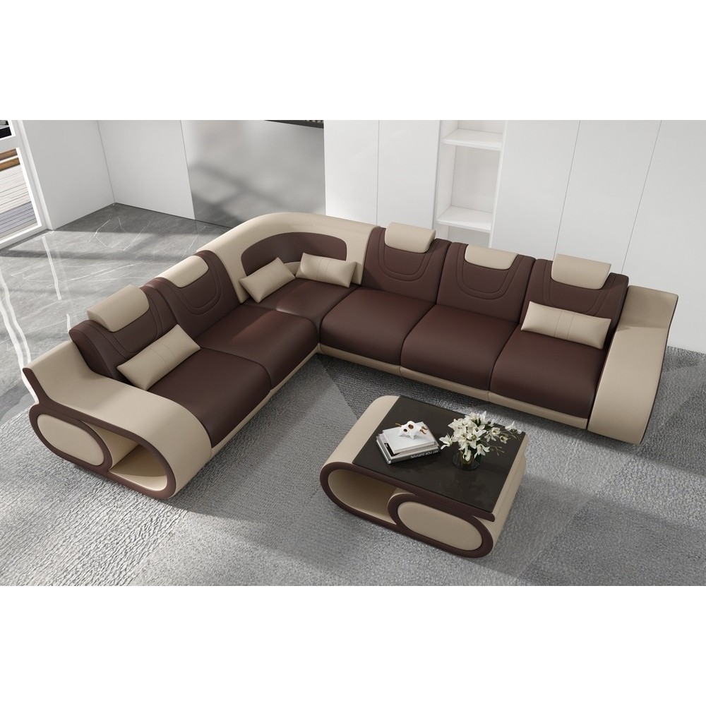 - Canapé d'angle en cuir italien 7 places LUXEMBOURG, chocolat et beige, angle gauche